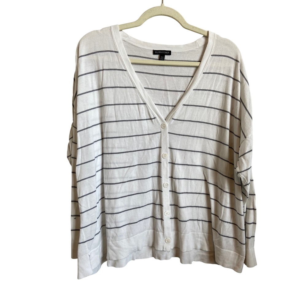 Eileen Fisher XL White Navy Striped Tencel Lyocell V-Neck Cardigan Sweater 9803
